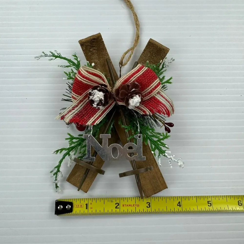 Rustic Noel Christmas Ornament Skis Pinecones Burlap Bow Farmhouse Lodge Cabin